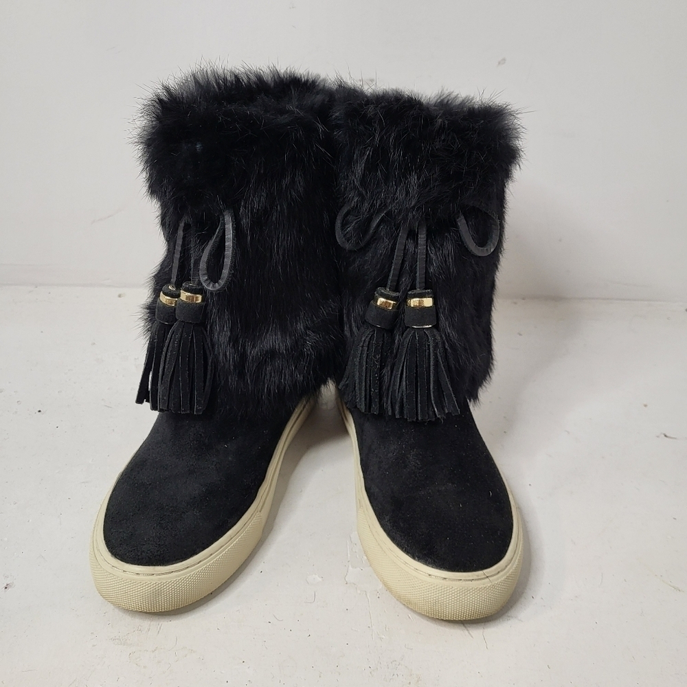 Tory Burch Angelica Black Rabbit Fur Sneaker Boot Size 6M